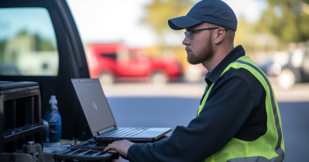 Field tech using laptop in truck